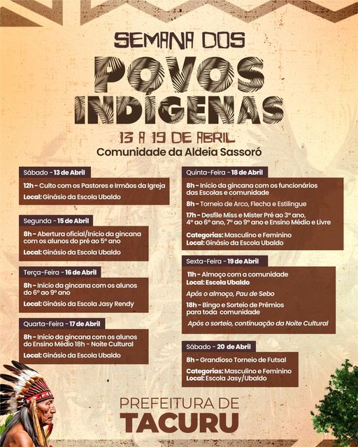 Prefeitura de Tacuru promove a Semana dos Povos Indígenas entre os dias 13 e 20 de abril